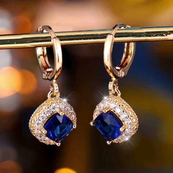 NEW 14k Yellow Gold Blue Sapphire Diamond Hoop Earrings - Picture 2 of 6